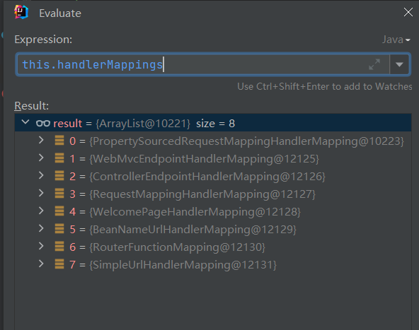 调试器中查看 handlerMappings，共 8 个实现类